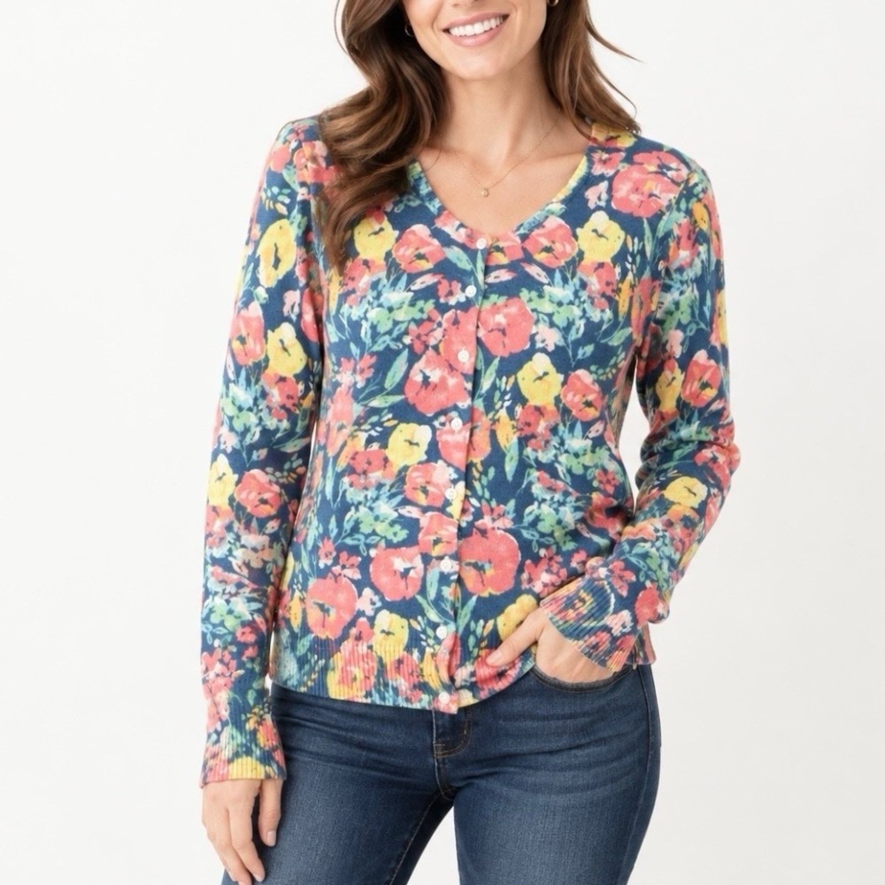 LL Bean Colorful Floral Lightweight Button Up Cotton Cardigan Sweater Size XS